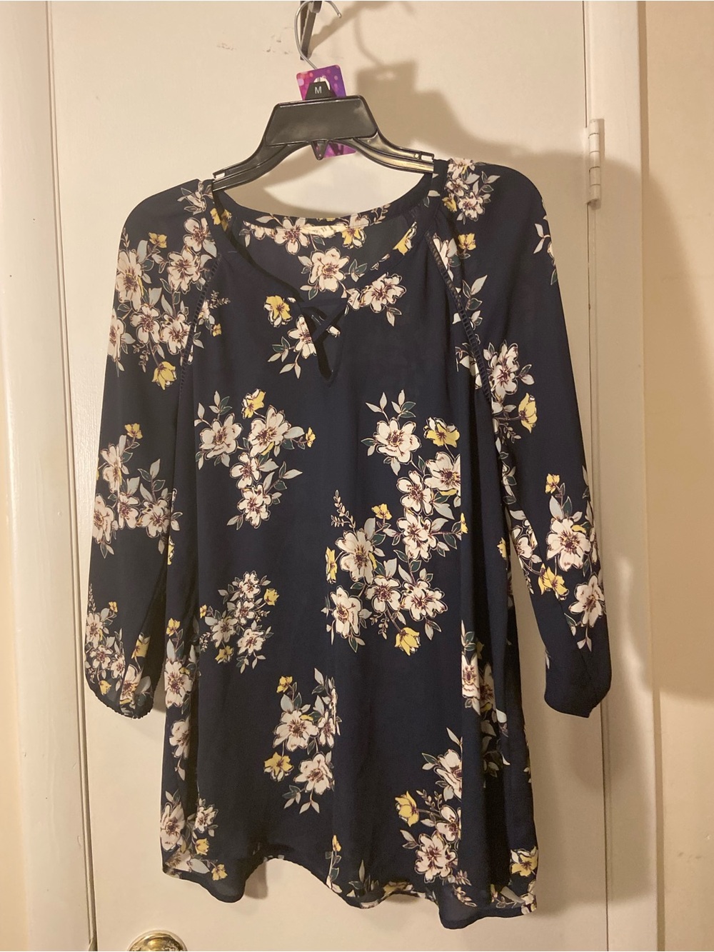 Maurices Navy Floral Blouse with White and Yellow Flowers